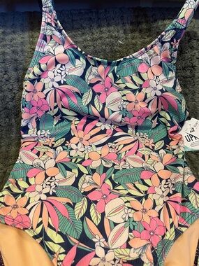 Roxy Girls' Navy Floral One-Piece Swimsuit - Pink Peach Green
